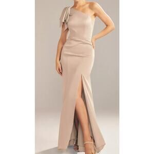 AW BRIDAL 14 1x Plus Taupe Dorsey one shoulder bridesmaid maxi dress NEW b108